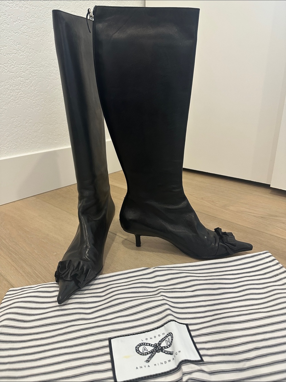 Anya Hindmarch Black Leather Over-the-Knee Kitten Heel Boots